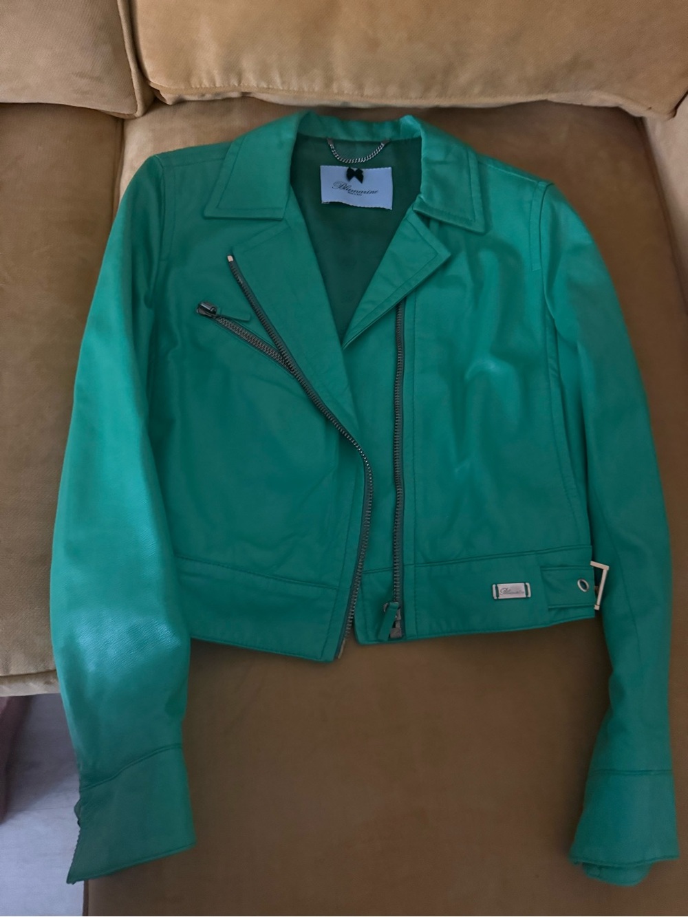 Blumarine Teal Green Leather Moto Jacket